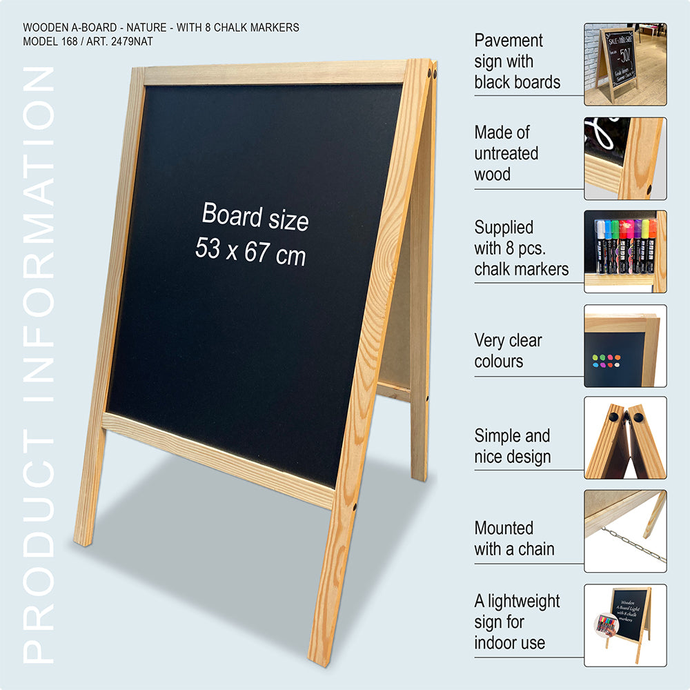 Kundenstopper mit Kreidetafel, Holz-A-Frame, inkl. 8 Kreidemarker, 60 x 100 cm, helles Holz