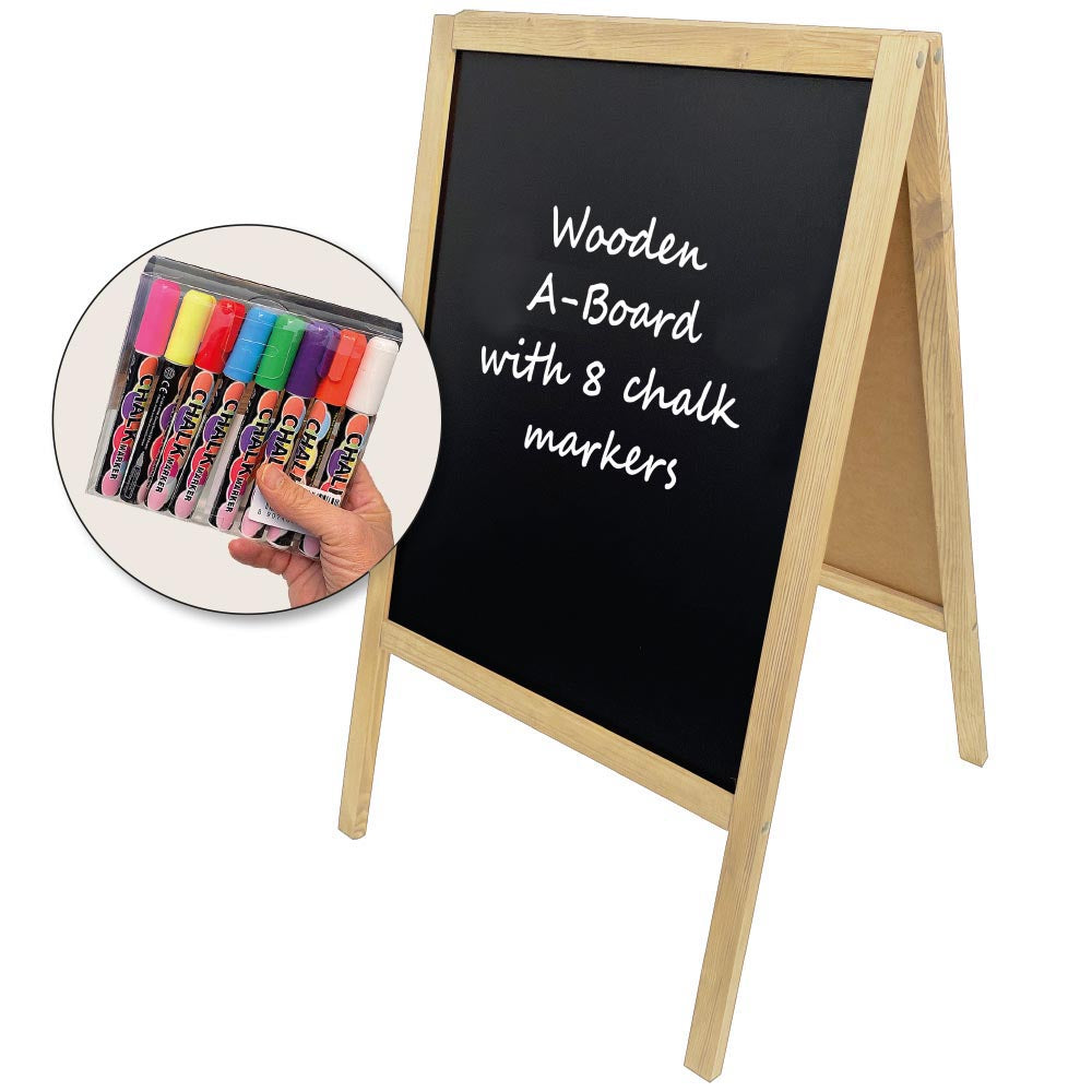 Kundenstopper mit Kreidetafel, Holz-A-Frame, inkl. 8 Kreidemarker, 60 x 100 cm, helles Holz