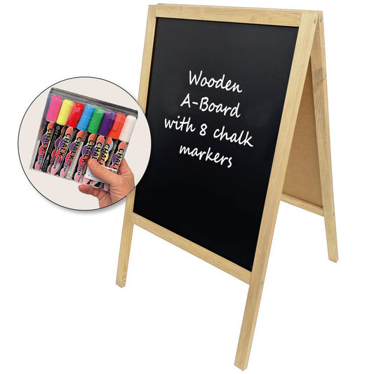 Kundenstopper mit Kreidetafel, Holz-A-Frame, inkl. 8 Kreidemarker, 60 x 100 cm, helles Holz