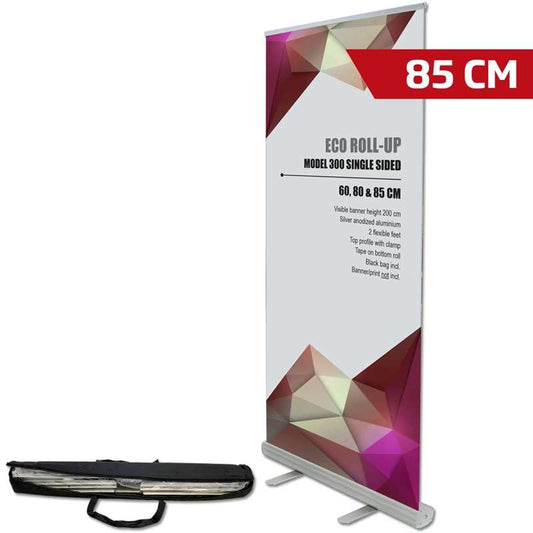 Eco Roll-up mit Aluminiumkassette, einseitiges Banner inkl. Druck und Tasche mit langem Reißverschluss, 85 x 230 cm, Silber