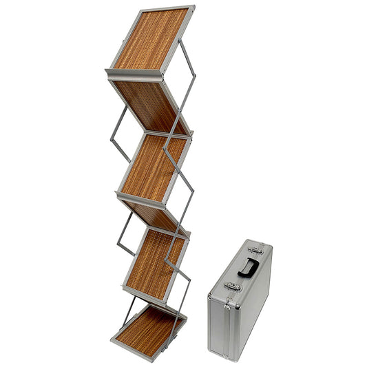 Flex Prospektständer, Aluminium mit Holzregalen, 6 x A4, Silber