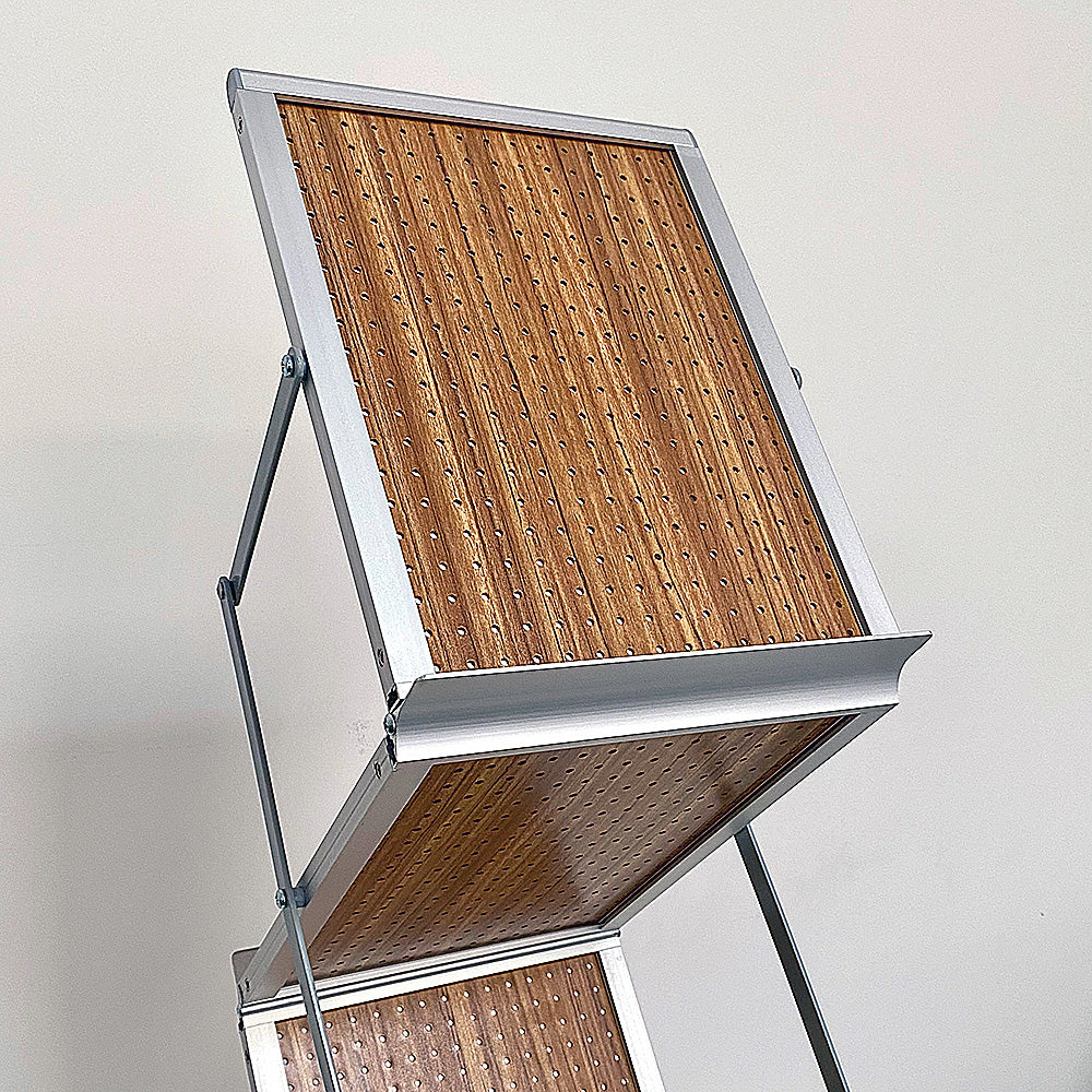 Flex Prospektständer, Aluminium mit Holzregalen, 6 x A4, Silber