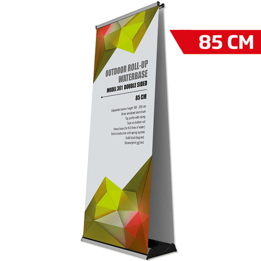 Roll-up Outdoor Waterbase, Alu-Kassette doppelseitiges Banner inkl. Tasche, 85 x 200 cm, Silber/Schwarz