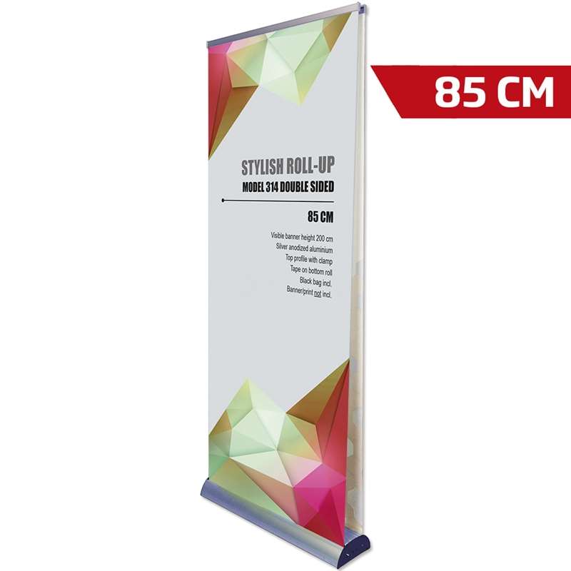 Stylischer Roll-up Aluminiumkassette doppelseitiges Banner inkl. Druck und Tasche, 85 x 200 cm, Silber