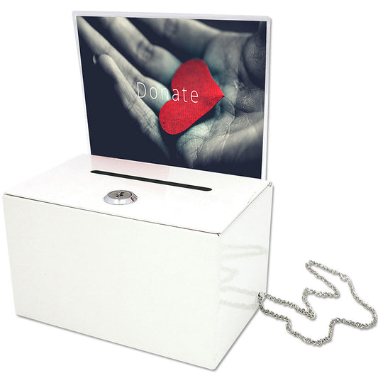 Spenden-/Vorschlagsbox mit Platz für A5 Infodisplay, Stahl, Weiß
