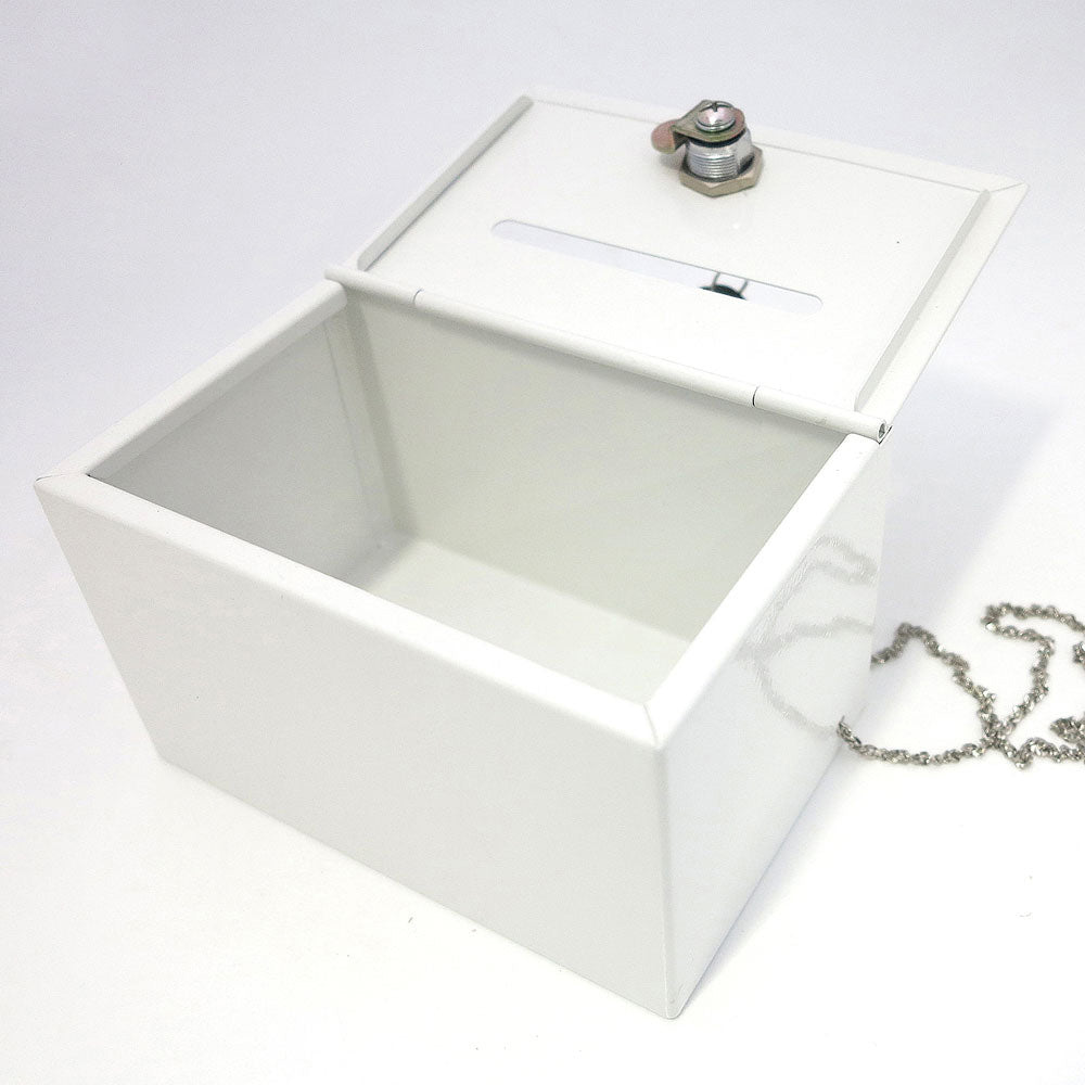 Spenden-/Vorschlagsbox mit Platz für A5 Infodisplay, Stahl, Weiß