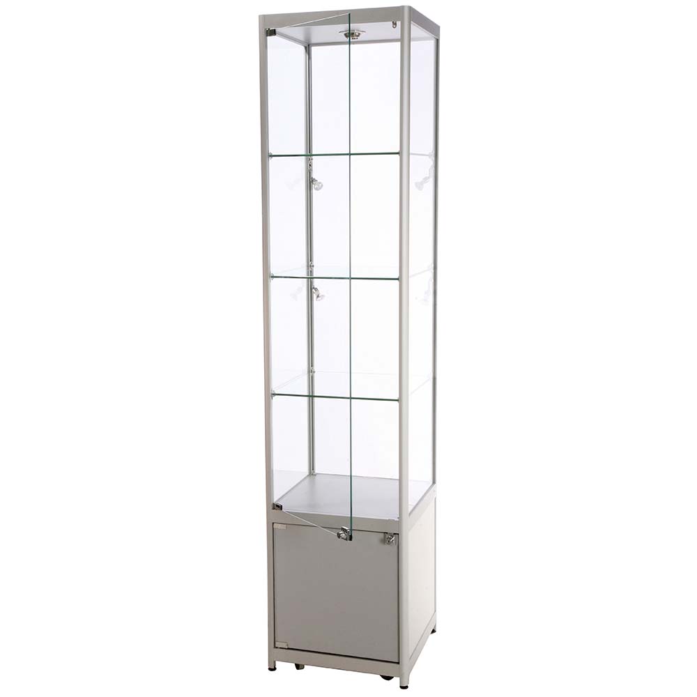 Vitrine - Showcase Tower Solo Glasvitrine mit Unterschrank, LED-Licht und Schloss - Silber
