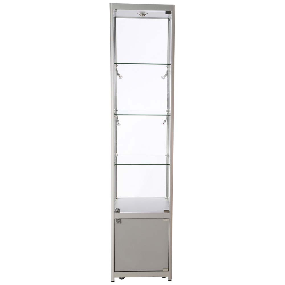 Vitrine - Showcase Tower Solo Glasvitrine mit Unterschrank, LED-Licht und Schloss - Silber