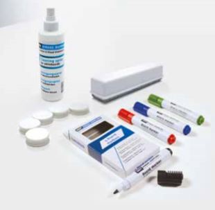 Whiteboard Zubehör Set für Glasboards: 4 Marker, 5 Magnete, 250 ml Reinigerspray, 1 Tafellöscher